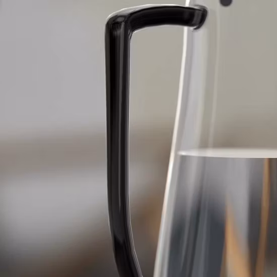 Handmade Borosilicate Glass Water Pitcher Carafe with Black Handle and Stainless Steel Cover