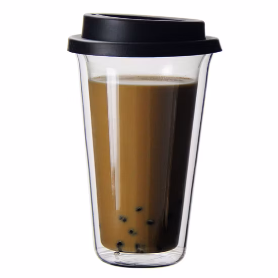 350ml (12oz) Double Wall Glass Tea Cup Coffee Mug Glass Coffee Cup with Lid