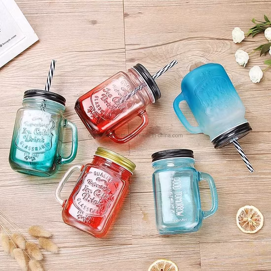 500ml Fruit Juice Cup Beverage Yogurt Glass Bottle with Handle and Straw