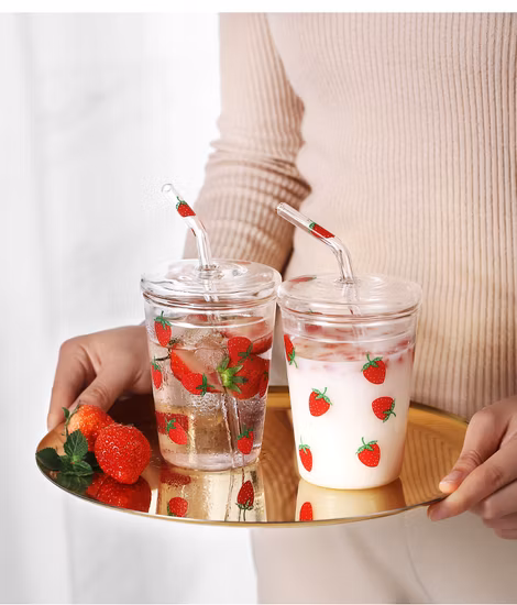 High Quality Wholesalewide Mouth Glass Mug Coffee Tea Cup with Cover and Straw
